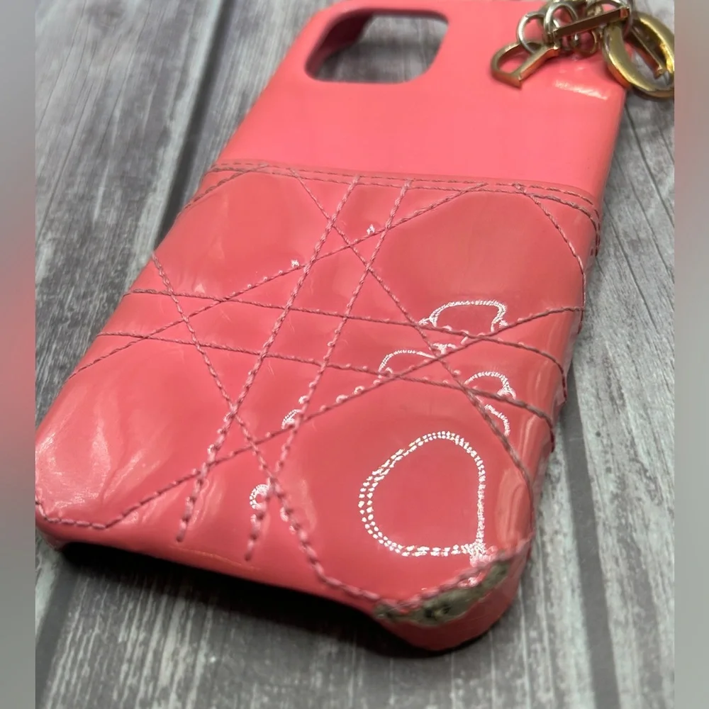 DIOR Lady Dior Lambskin Quilted Leather iPhone 14 Phone Case w/ Logo Charm Pink
